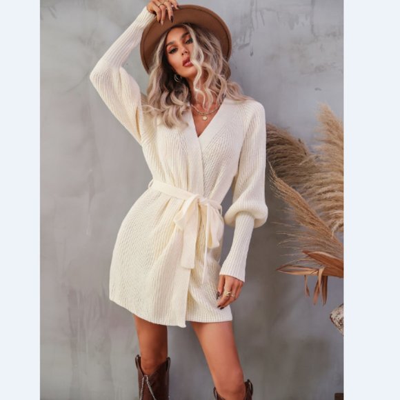 A Classy Chic Boutique Sweaters - Rib-Knit Lantern Sleeve Belted Sweater Dress